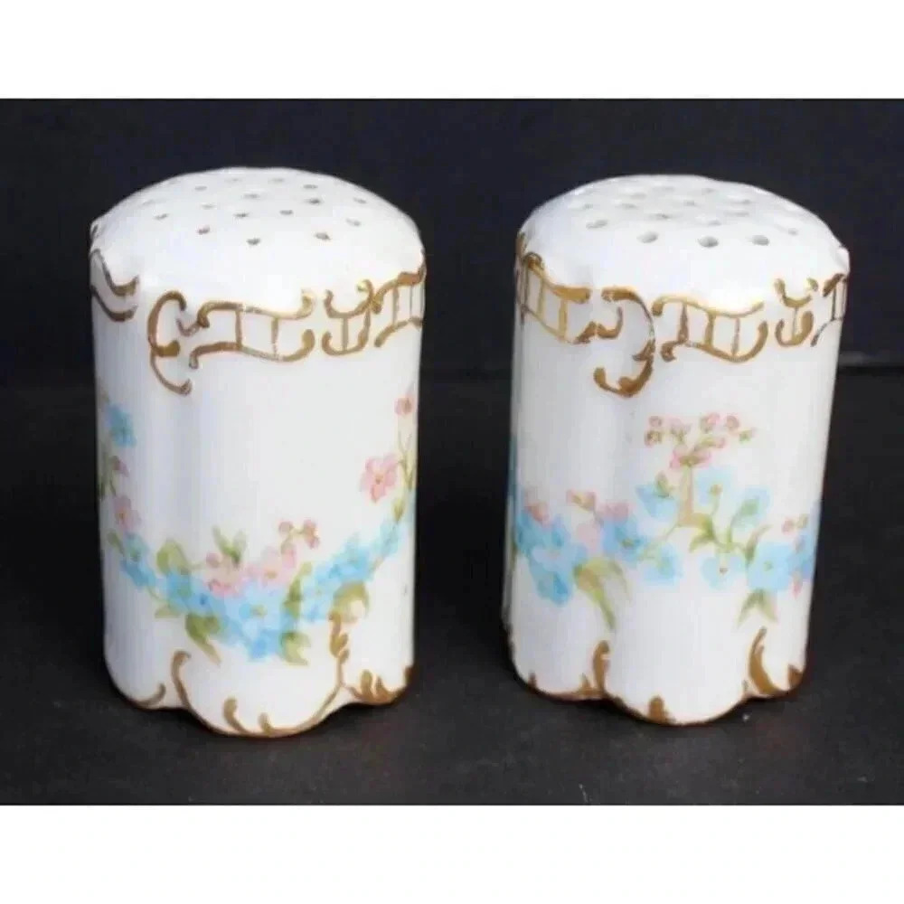 Antique Vtg Victorian Ornate Flowers W/ Gold Trim Salt N Pepper Shakers Stamped
